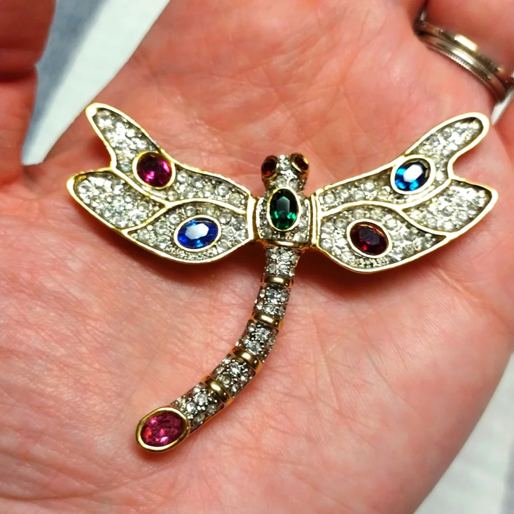 Gold Dragonfly Brooch Pin with Pink, Blue, Green, Red and Clear Rhinestones - Picture 6 of 8